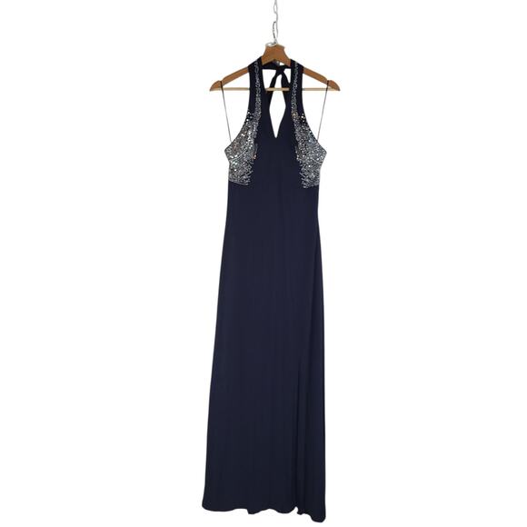 VTG Y2K Cache Beaded Halter Maxi Dress Navy Small Evening Prom Formal Gown READ - Picture 6 of 16